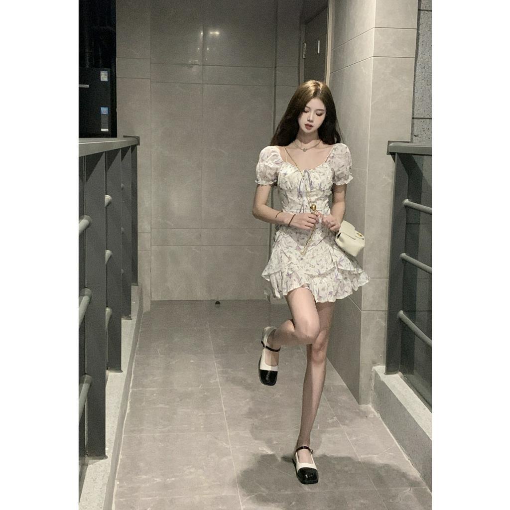 Cocory vn Đầm Chữ A Ngắn Tay Phồng Cổ Vuông Thời Trang Mùa Hè Cho Nữ