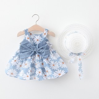 Váy công chúa với nơ lớn sau lưng họa tiết dễ thương kèm theo nón cho bé gái từ 1-4 tuổi