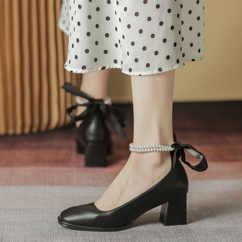 QiaoYiLuo Giày cao gót mũi vuông thiết kế mới phong cách Pháp thời trang xinh xắn cho nữ