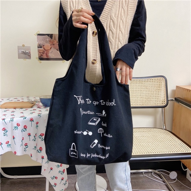 VIDEO + ẢNH THẬT Túi vải túi tote canvas quai liền Things to school ảnh thật