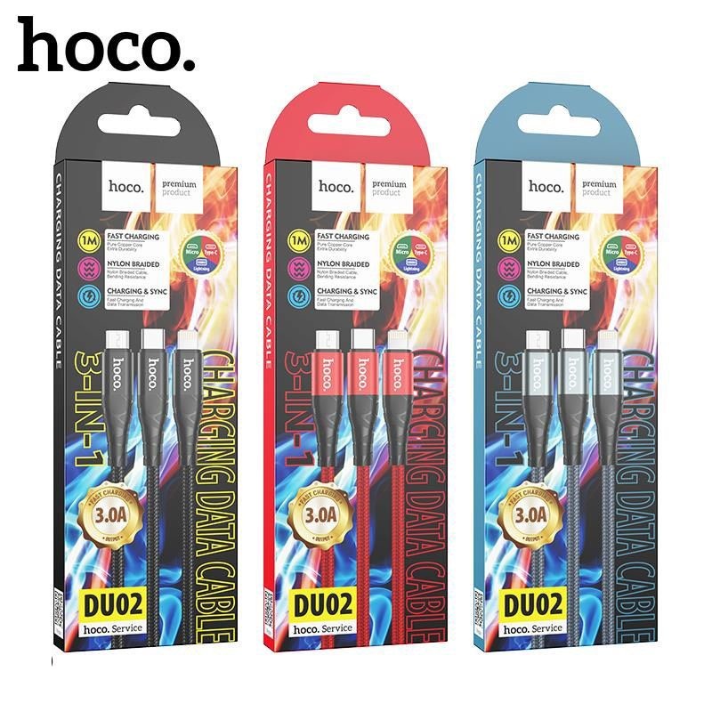 Cáp sạc 3in1 Hoco DU02 Lightning/Type-C/Micro sạc nhanh 3A dây dù siêu bền dài 1.2M cho Smartphone