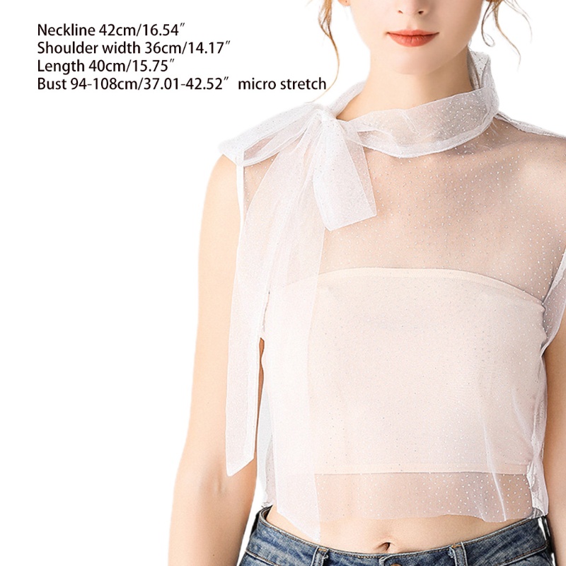 Cổ Áo Sơ Mi Lưới Đính Kim Sa Và Nơ Họa Tiết Chấm Bi Có Thể Tháo Rời Thời Trang Cho Nữ