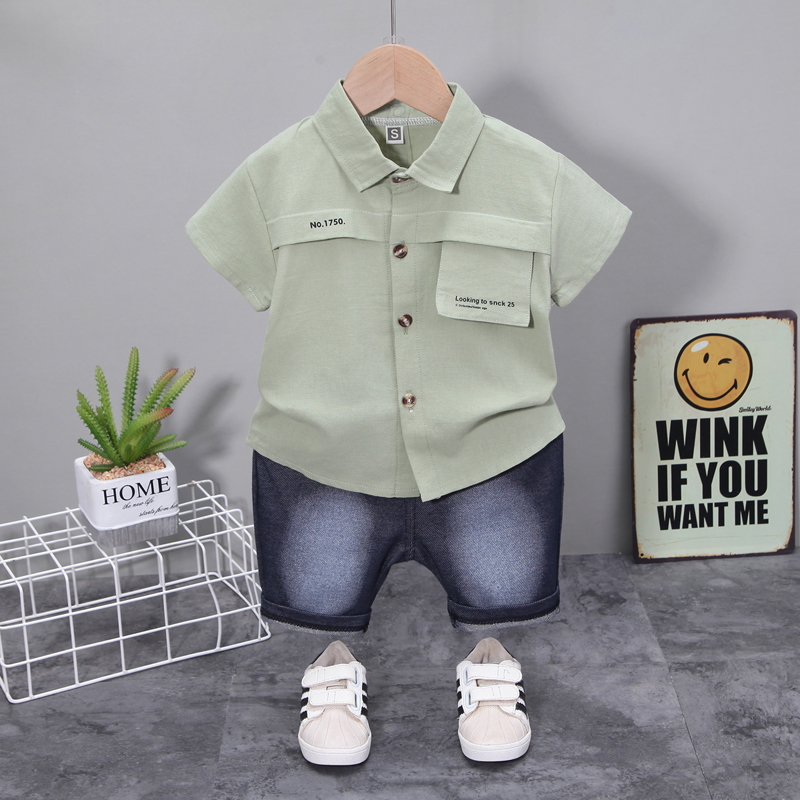 Set Áo Sơ Mi Dài Tay Cổ Lật + Quần Đùi Jeans Phong Cách Hàn Quốc Đáng Yêu Cho Bé Trai 0-5 Tuổi