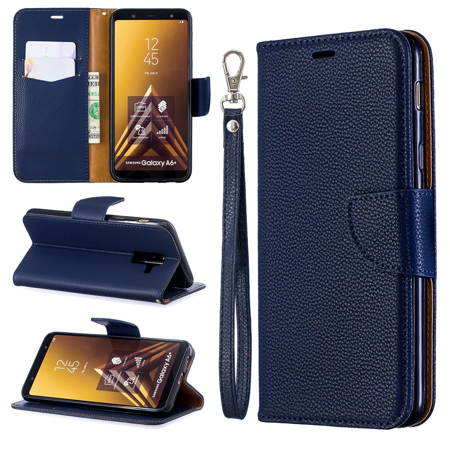 Bao da điện thoại màu trơn thanh lịch có ngăn đựng thẻ + dây đeo cho Samsung Galaxy A6/6+ 2018 | BigBuy360 - bigbuy360.vn