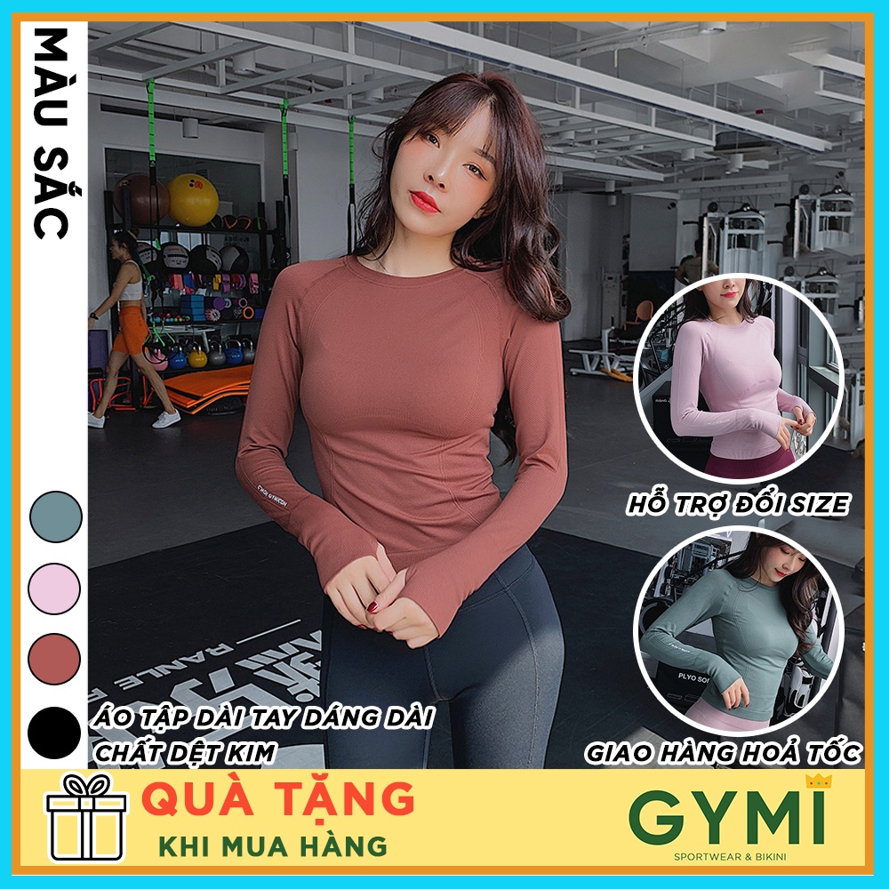 Áo tập gym yoga nữ dài tay GYMI AD16 dáng dài phủ bụng thể thao chất dệt cao cấp dày dặn co giãn