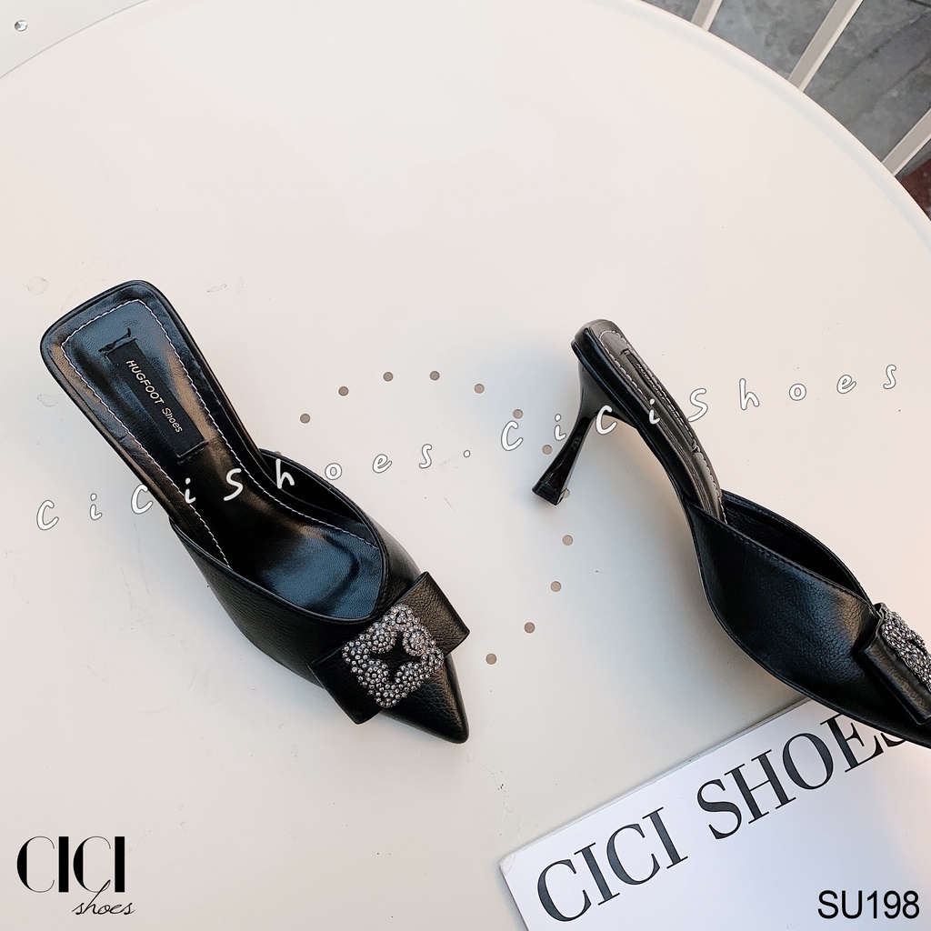 Giày cao gót nữ CiCi Shoes gót nhọn 7cm, dép sục mũi nhọn nơ ngang đính đá - SU198