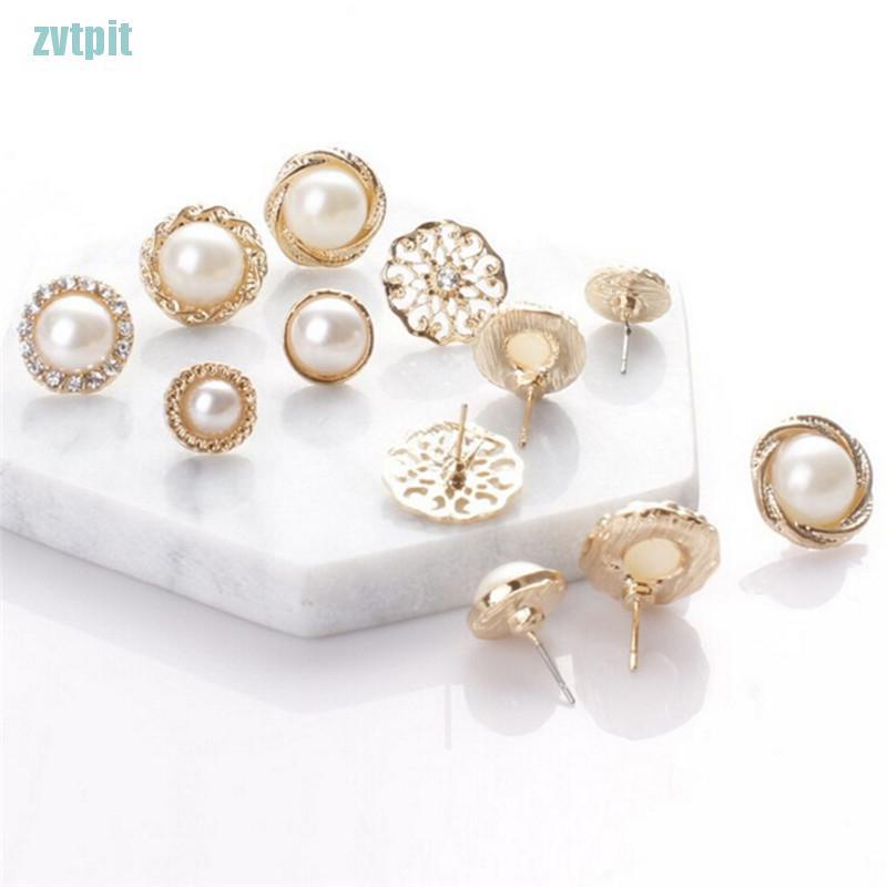 Set 6 đôi bông tai đính đá / ngọc trai giả / kim cương giả thanh lịch