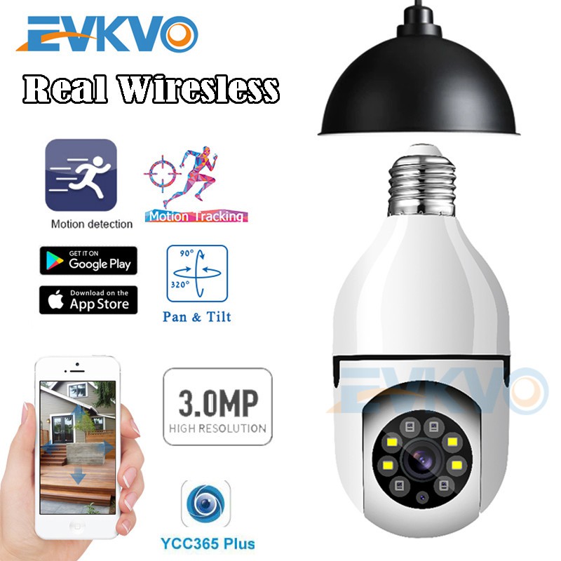 EVKVO - Work with E27 Bulb Base - Auto Tracking - Full Color Night Vision - YCC365 PLUS APP FHD 5MP WIFI CCTV Rotate Mini Camera Wireless PTZ IP Camera CCTV WIFI Security Camera Wireless Surveillance CCTV Camera Motion Deteciton Alarm Baby Monito