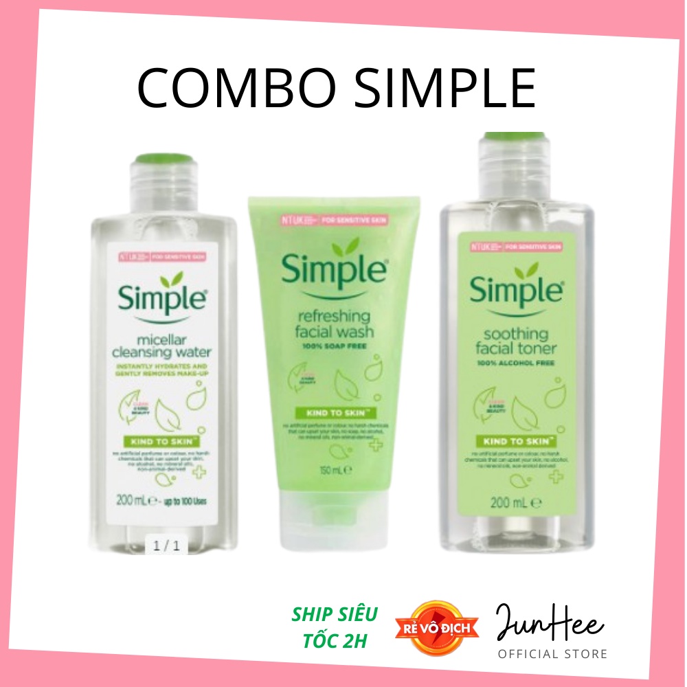 [COMBO] Sữa rửa mặt, Tẩy trang, Nước hoa hồng Simple sạch sâu, dịu nhẹ cho da nhạy cảm