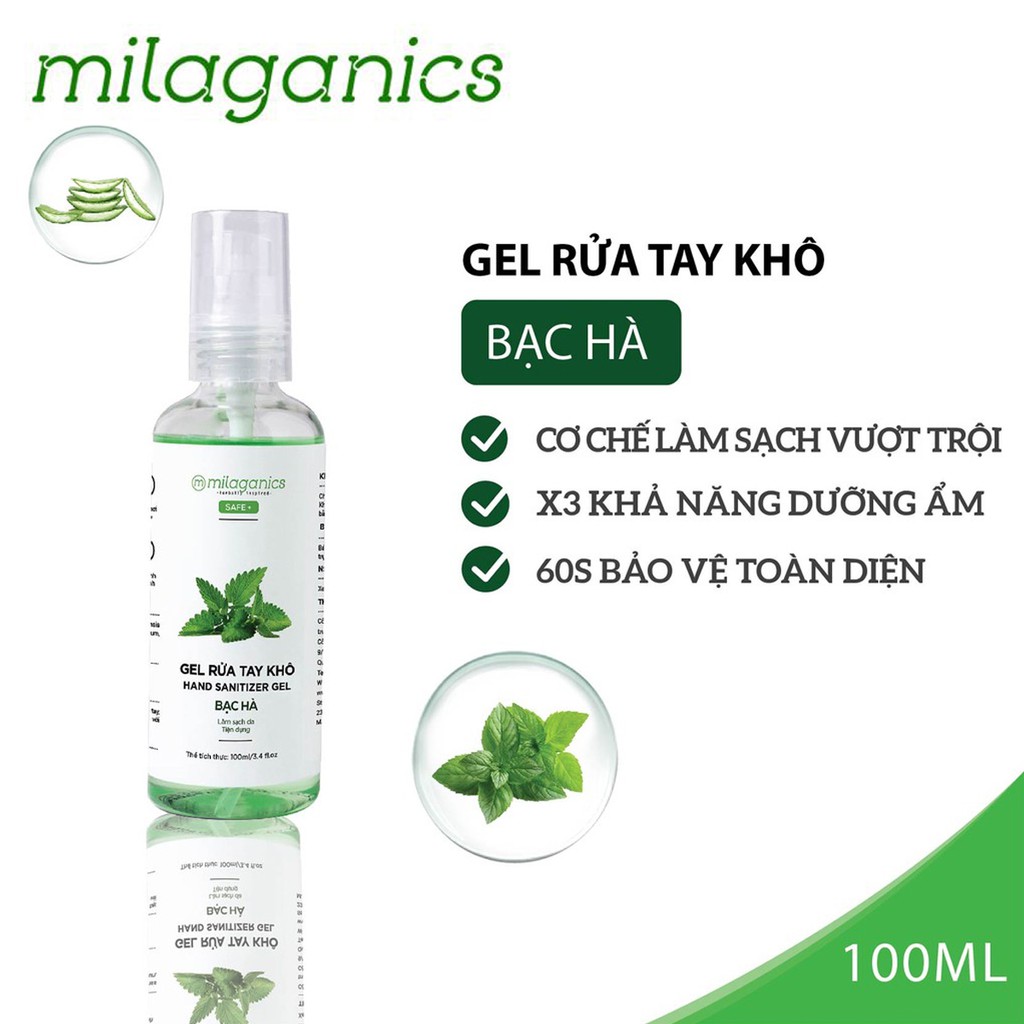 GEL RỬA TAY KHÔ BẠC HÀ MILAGANICS 100ML