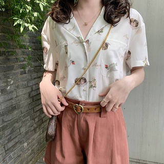 Áo Sơ Mi chiffon Tay Ngắn Cổ Chữ V In Hình Thiên Thần Kiểu Hồng Kông retro Cho Nữ