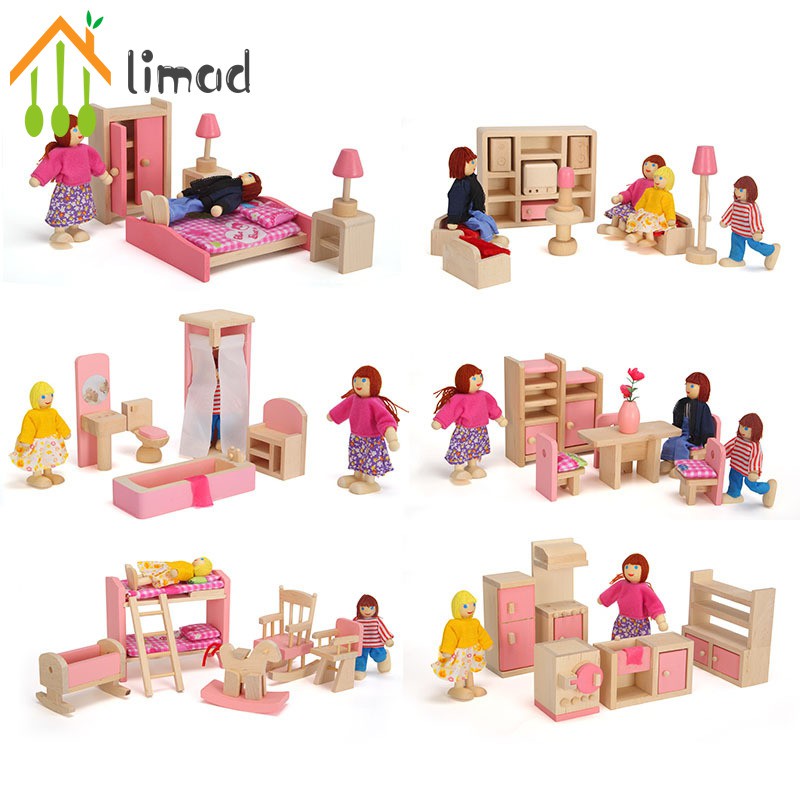 limad Wooden Miniature Dollhouse Furniture Toys Set Bedroom Kitchen Dinner Room Bathroom Living Room Pretend Play Toy For Girl