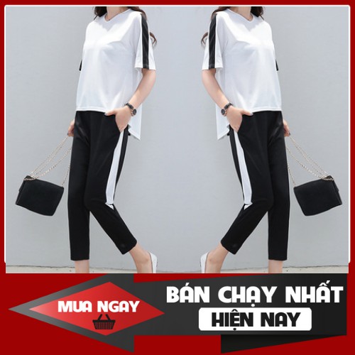 SET BỘ NỮ THỂ THAO ÁO THUN CỔ TIM MIX QUẦN 7 TẤC VIỀN SỌC PHONG CÁCH HÀN QUỐC PF351S