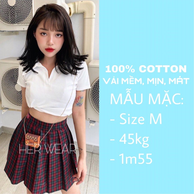 Áo croptop nữ Polo cổ bẻ, dáng ôm nhẹ chất cotton co dãn thoáng mát. | BigBuy360 - bigbuy360.vn