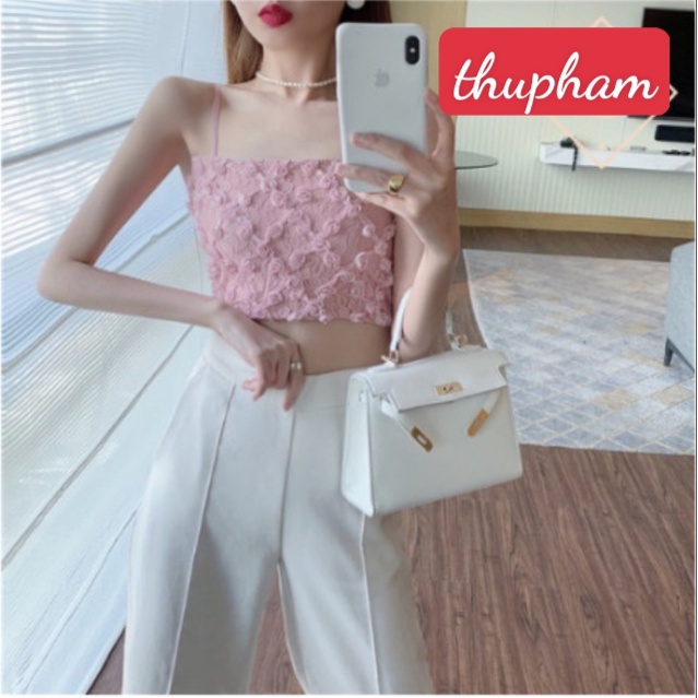 Áo bra ren 2 dây dáng croptop ren hoa hồng 3D nổi cực xinh