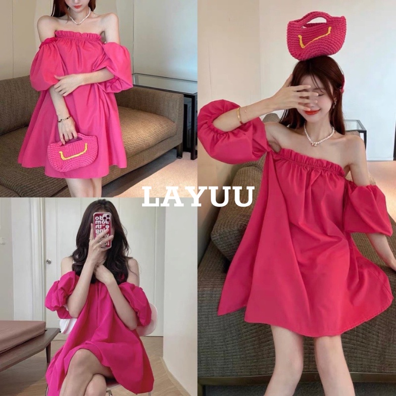Áo trễ vai tay bồng giấu quần đầm babydoll nữ hở vai dáng xòe màu hồng tiểu thư mềm đẹp. LAYUU SHOP
