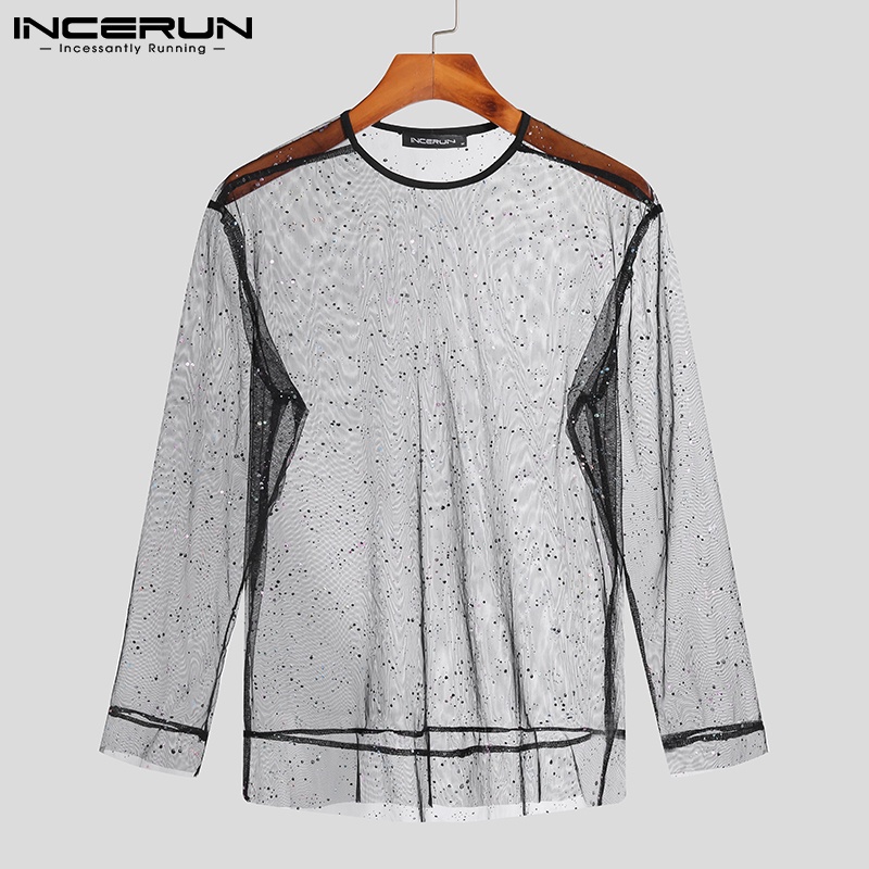 Áo xuyên thấu INCERUN tay dài đính sequin lấp lánh thời trang quyến rũ cho nam