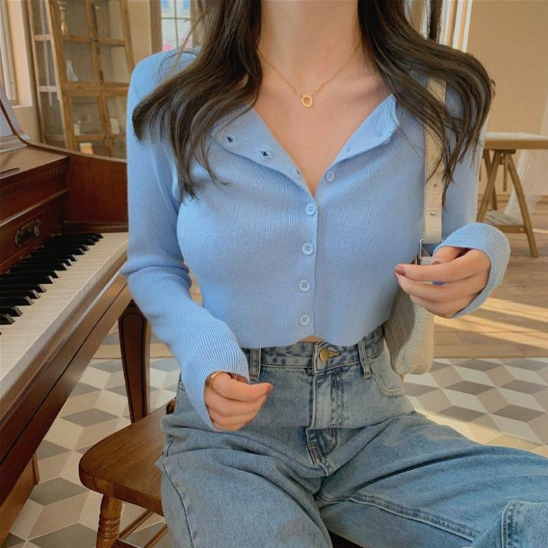 Áo thun Croptop ôm body Tay Dài nữ khuy cúc phong cách Ulzzang,Áo khoác nhẹ kiểu dáng croptop cá tính | BigBuy360 - bigbuy360.vn