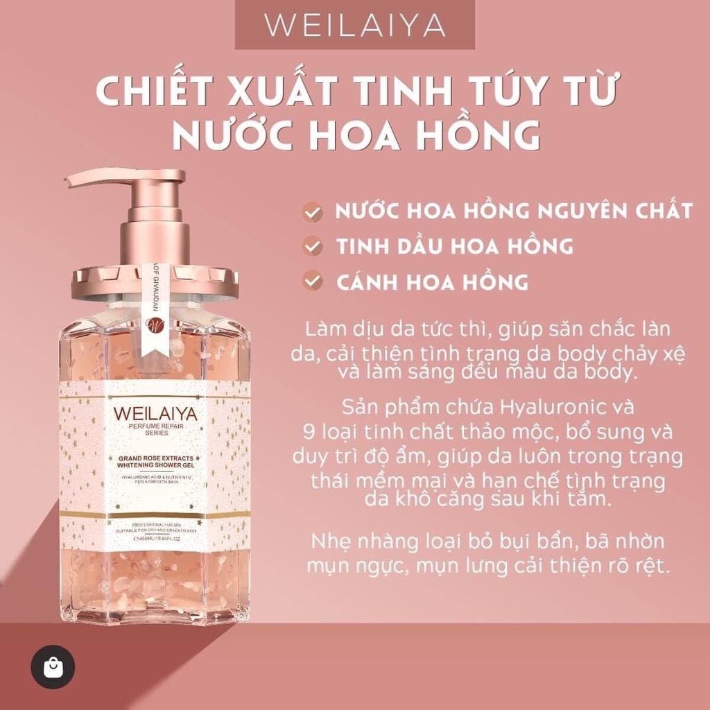[CHÍNH HÃNG]Sữa Tắm Trắng Da Cánh Hoa Hồng Tươi WEILAIYA Grand Rose Extracts Whitening Shower Gel 450ml | BigBuy360 - bigbuy360.vn