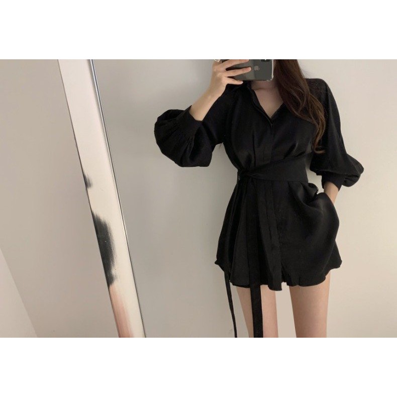 Set 3 món váy sơ mi dáng suông ulzzang + quần đùi kèm đai phối tay bồng nhẹ nhàng cá tính_xuongmaythuhien