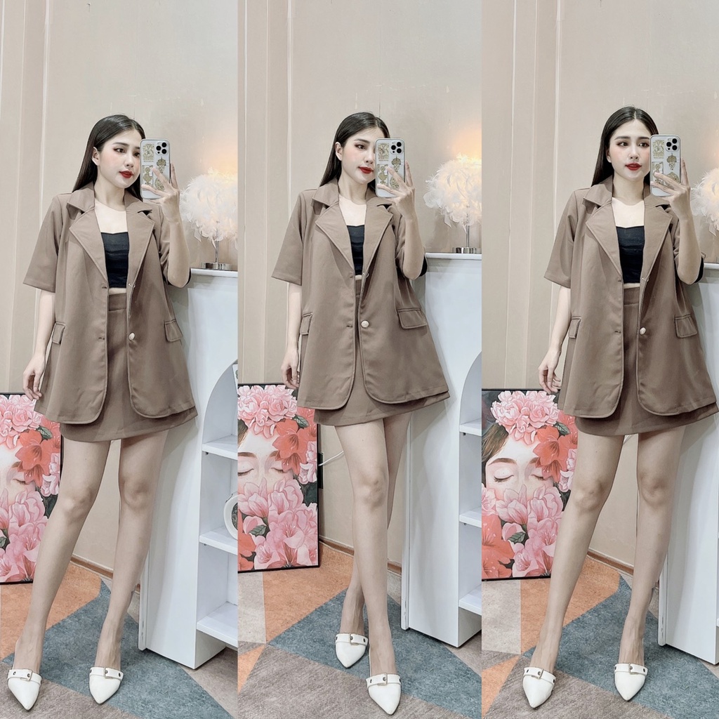 Set vest nữ 3 chi tiết áo vest kèm áo dây mix chân váy cạp cao thời trangI Trần Hân Shop 4012357