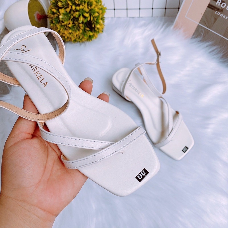 Dép sandal học sinh quai mảnh chéo da lì gót vuông 4cm