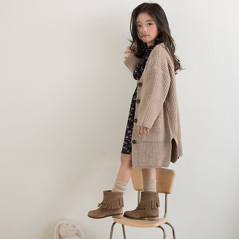 Áo Khoác Cardigan Dệt Kim Dáng Dài Phong Cách Hàn Quốc Cho Bé Gái