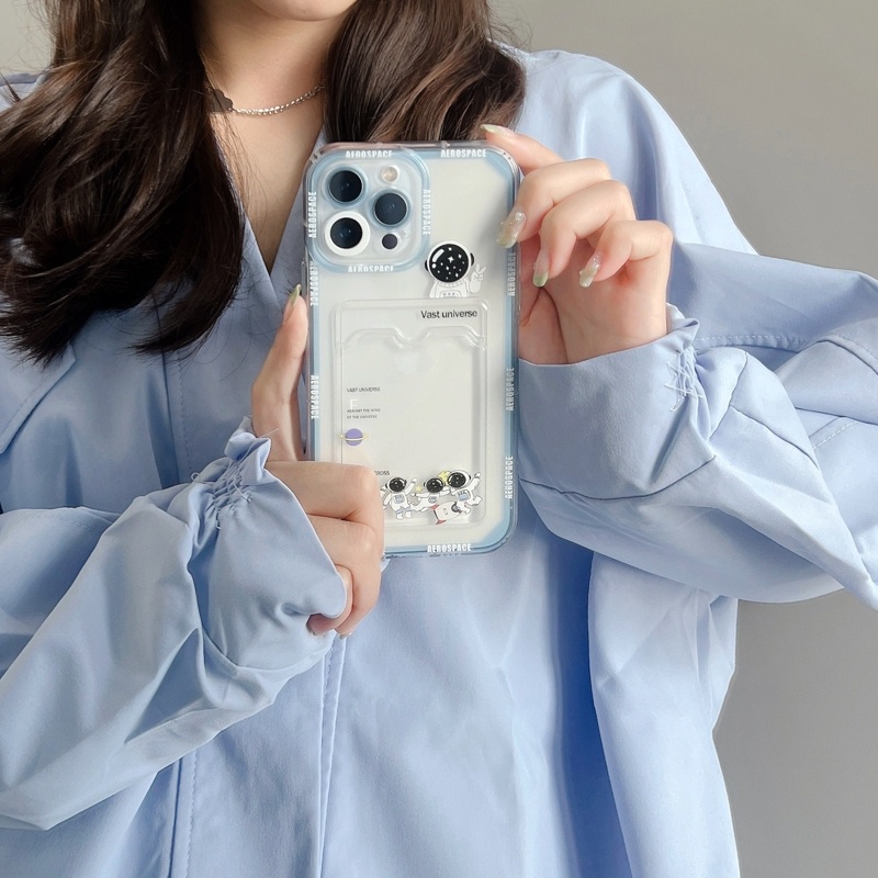 Ốp Điện Thoại Mềm Chống Sốc Dạng Ví Đựng Thẻ Hình Phi Hành Gia Cho iPhone 11 12 13 14 Pro XS Max X Mini 7 8 Plus Giá Đỡ