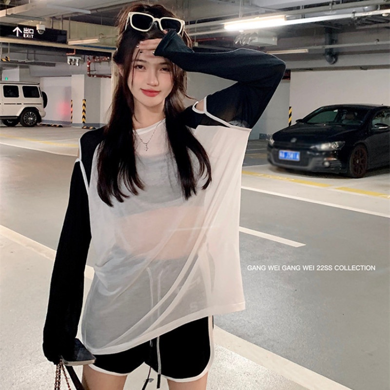 Áo Thun Tay Dài Dáng Rộng Hở Vai Phối Màu Tương Phản Thời Trang Mùa Hè Dành Cho