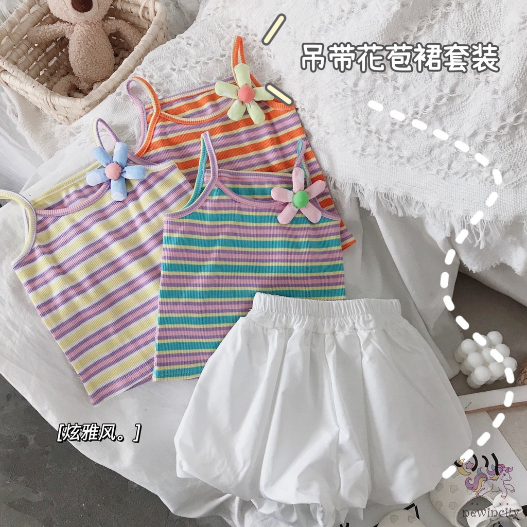 Áo sát nách màu cầu vồng + quần short xinh xắn phong cách Hàn Quốc thời trang cho bé gái