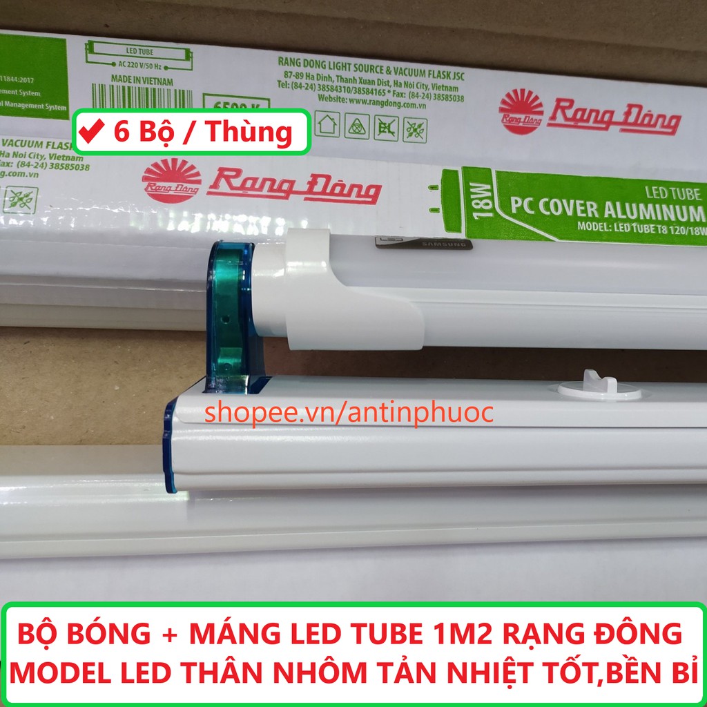 Bộ máng + bóng LED tuýp T8 1,2m Rạng Đông thân nhôm cao cấp - Bộ LED tuýp 1m2 RĐ 18w thân nhôm - Giá Thùng 6 bộ