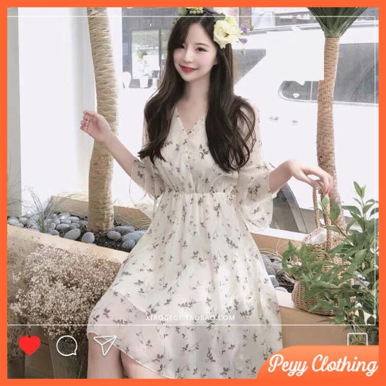 Váy hoa nhí vintage dáng xòe bánh bèo tay lỡ 2 lớp, Đầm hoa nhí kiểu babydoll ulzzang Hàn Quốc V10 - Peyy Clothing .