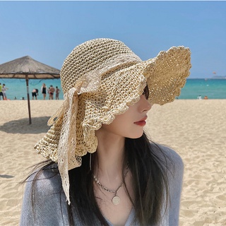 Mũ cói gấp gọn phong cách vintage phối nơ ren