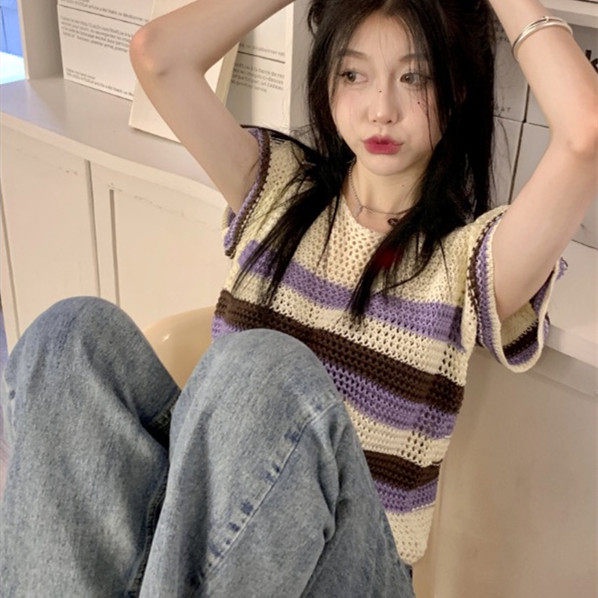Áo Sweater Dệt Kim Mỏng Tay Ngắn Họa Tiết Kẻ Sọc Thời Trang Mùa Hè Cho Nữ