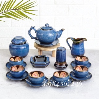 Bộ ấm chén hoa trong lòng chén men lam bát tràng - bộ trà bát tràng