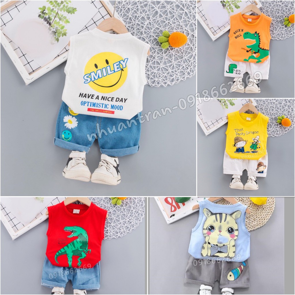 Bộ cộc bé trai, bộ hè bé trai chất cotton 4c, quần jean size 5-20kg ( set khủng long)