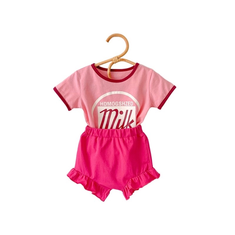 Set Đồ Mùa Hè 2 Món Gồm Áo Cotton Tay Cộc In Chữ + Quần Ngắn Viền Ren Thời Trang Hàn Quốc Cho Bé Gái 1-3 Tuổi