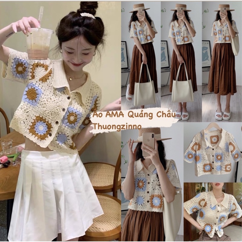 [Ảnh thật/Video]Áo len croptop AMA mhoa thêu xịn xò Áo mongto ghi dáng đẹp hàng Quảng Châu
