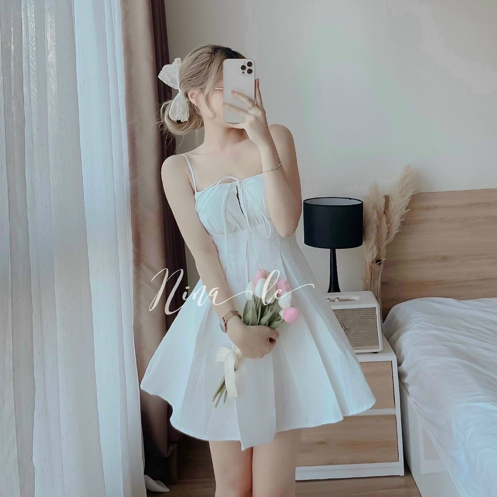 [ 8.8 Sales Freeship] Đầm 2 dây xốp dáng xòe cột nơ ngực cực xinh, đầm xòe tiểu thư nhiều màu đi tiệc quyến rũ