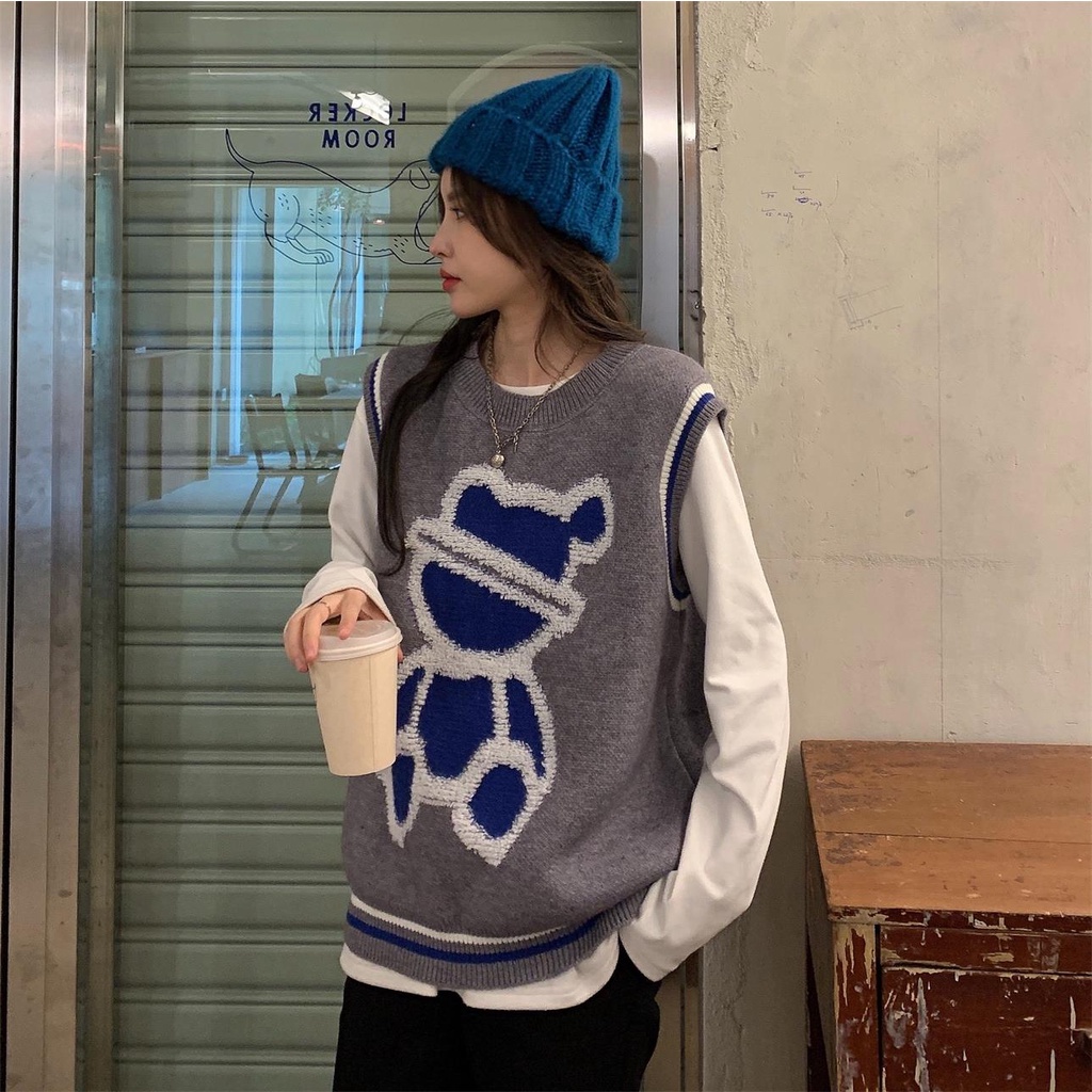 ZHELIHANGFEI Áo Sweater Dệt Kim Sát Nách Dáng Rộng In Hình Gấu Dễ Thương