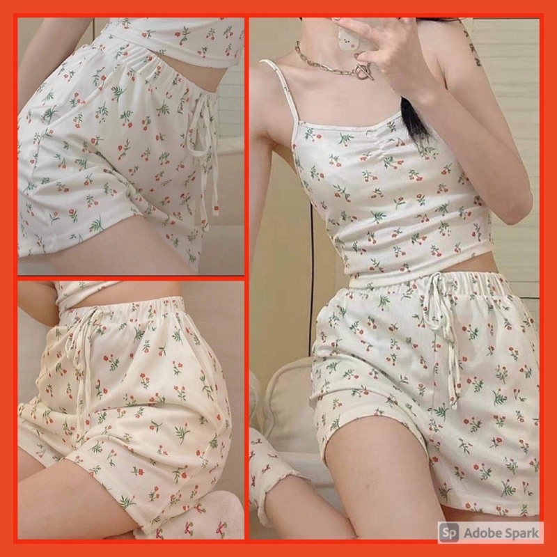 Set Hoa nhí Cỏ Xanh Nữ [FREESHIP] 🌸 Bộ áo 2 dây thun tăm vintage mặc ở nhà kiểu dáng ôm body 🌸