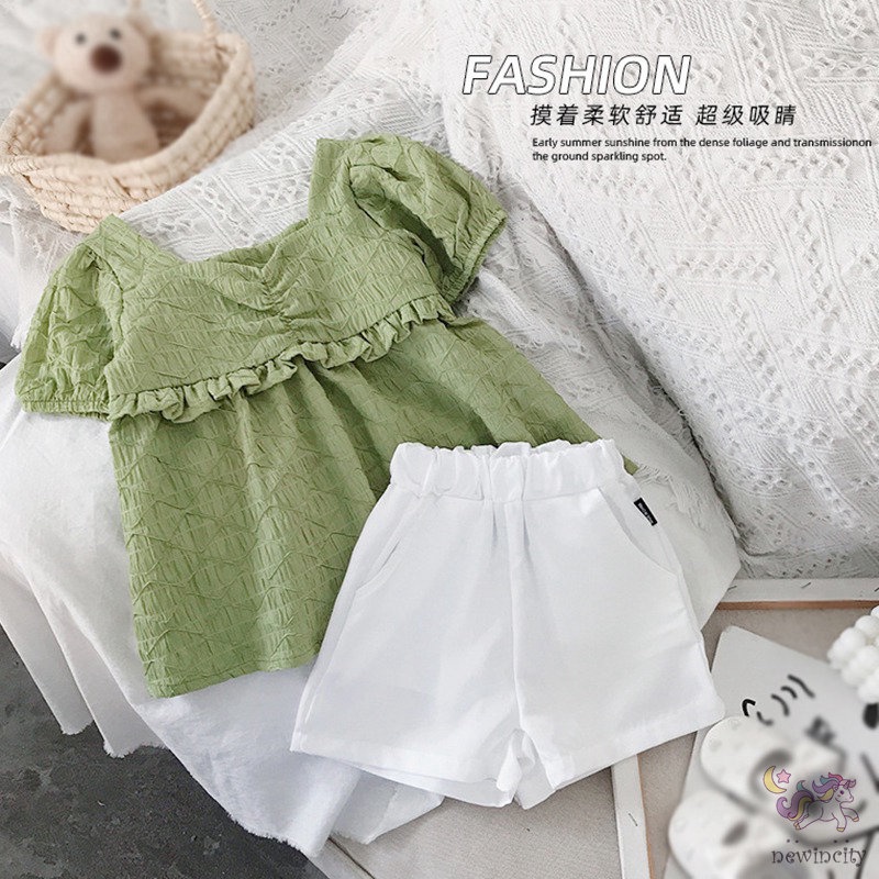 Set Đồ 2 Món Áo Tay Ngắn Cổ Vuông + Quần Short Phong Cách Hàn Quốc Cho Bé Gái