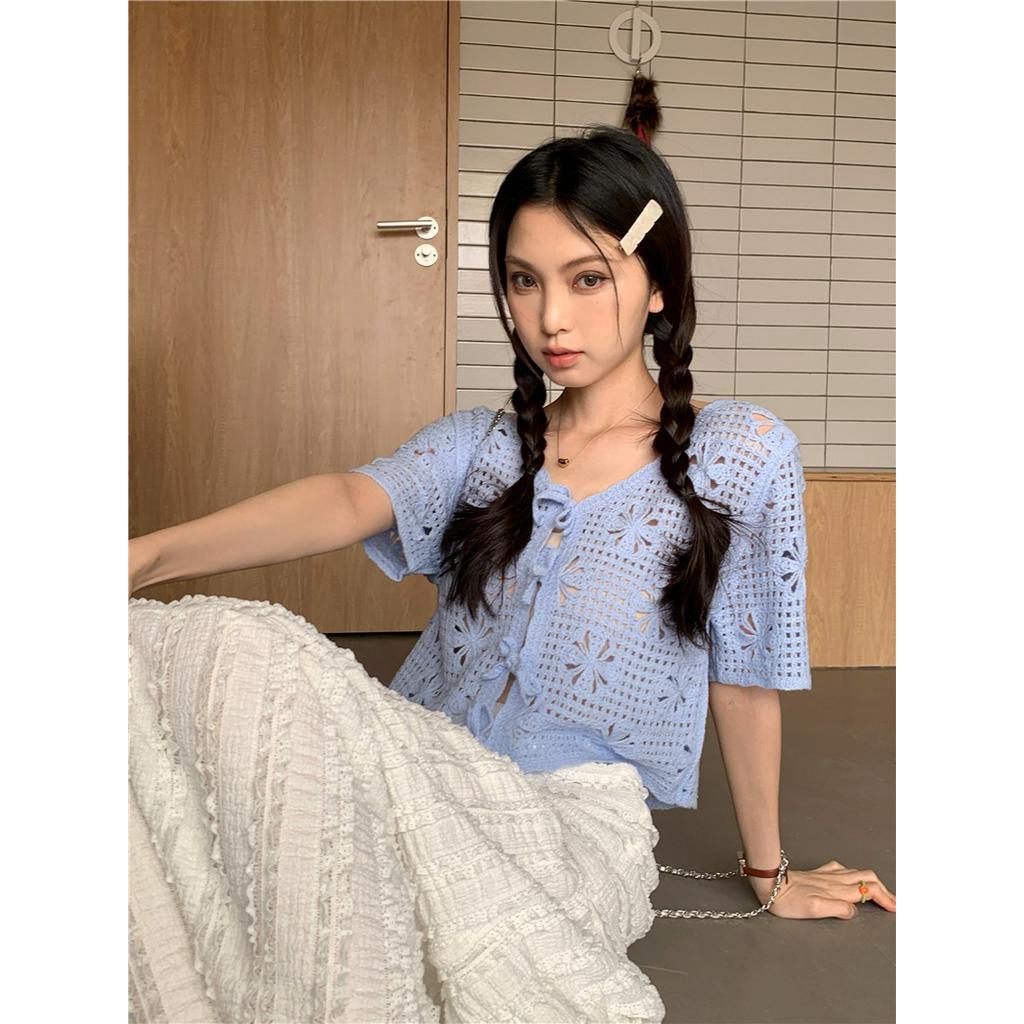 Áo Cardigan Dệt Kim Mỏng Họa Tiết Hoa Phong Cách Retro Pháp Thời Trang Mùa Hè 63023