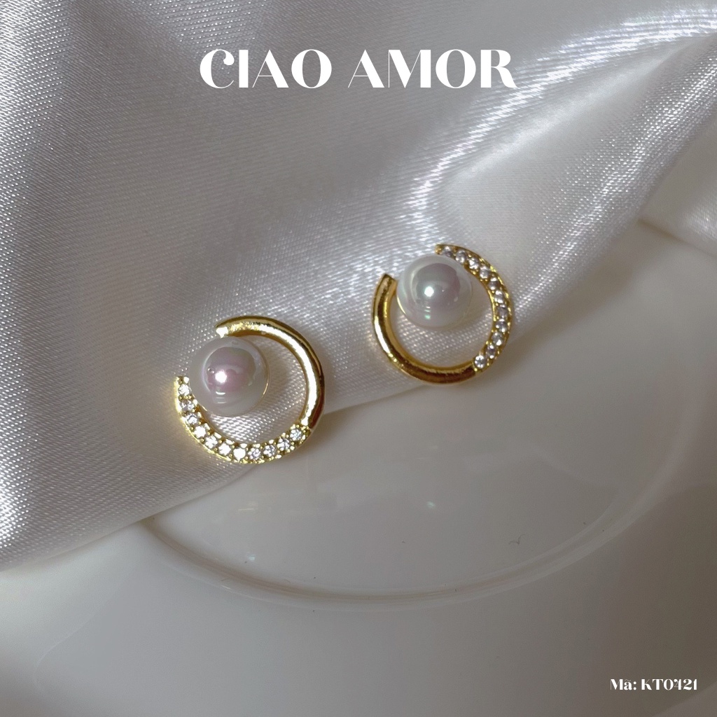 KT0421-Khuyên tai nữ, Bông tai nữ nụ tròn bạc 925 vòng nhỏ đính ngọc giữa Trang sức Ciao Amor