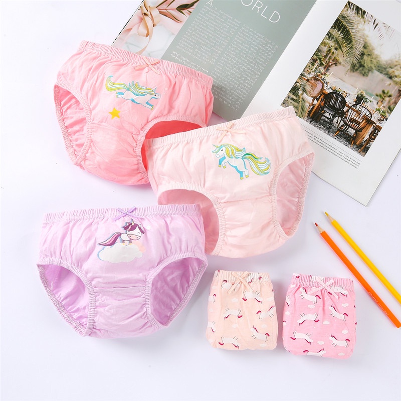 Bộ 5 Quần Lót Cotton Không Đường May Lưng Cao In Hình Kỳ Lân Cho Bé Gái 3-12 Tuổi