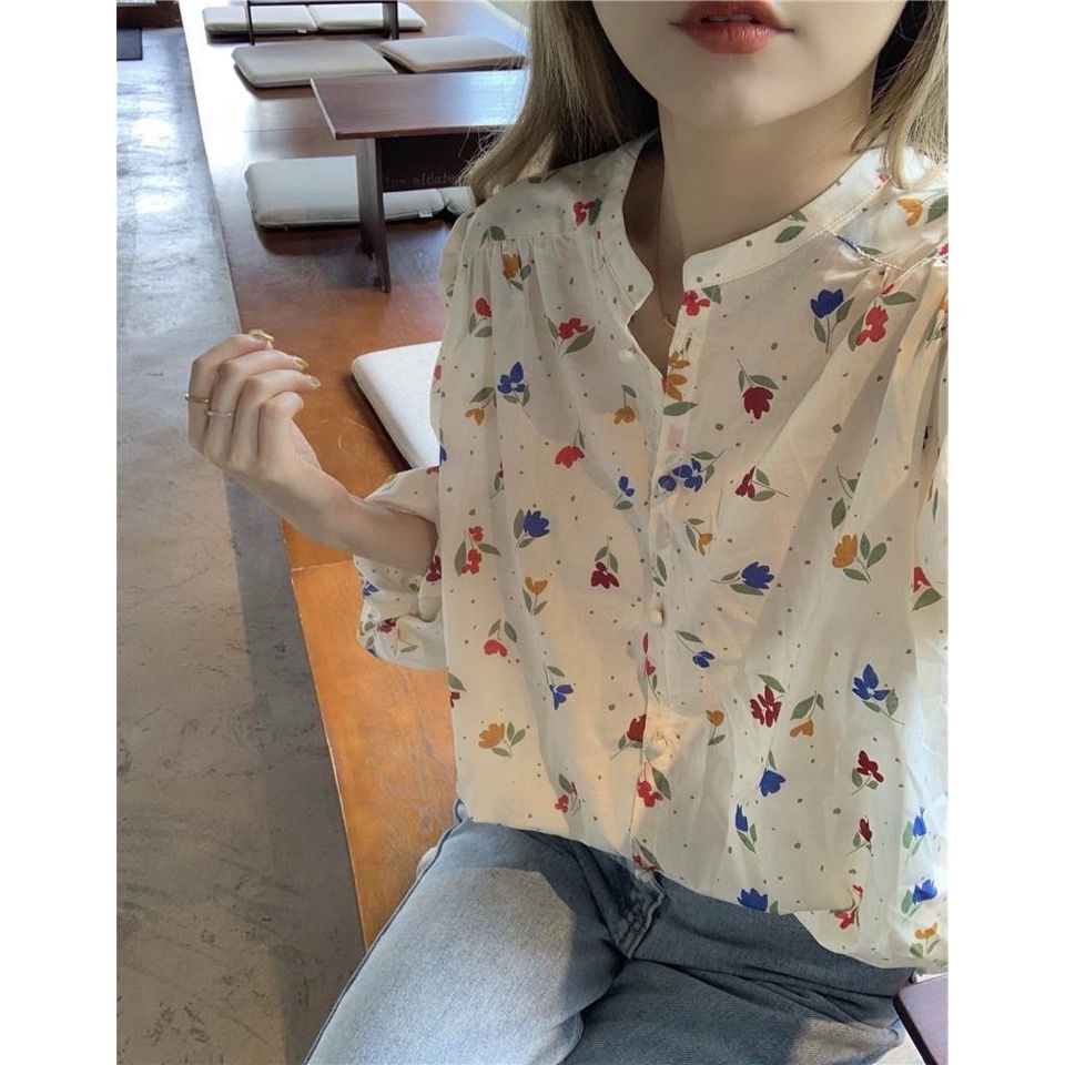 COZOK Áo Sơ Mi Chống Nắng Dáng Rộng Cổ Tròn In Hoa Xinh Xắn Hợp Thời Trang