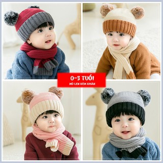 Mũ len 2 quả bông xinh xắn kèm khăn mềm mịn, giữ ấm cho bé