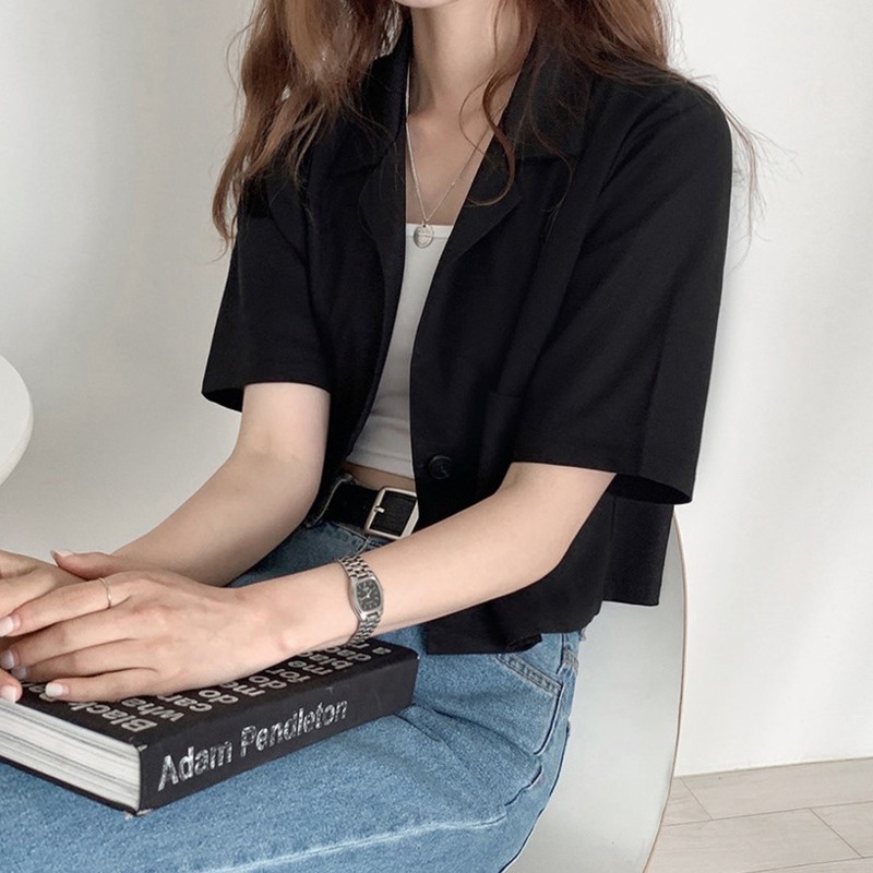 Áo Sơ Mi Tay Ngắn Vải Cotton Lanh Kiểu Hàn Quốc Cá Tính 164152 Áo Khoác Lửng Màu Trơn Thiết Kế Đơn Giản Dễ Phối Đồ