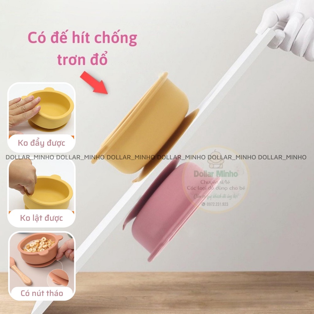 Bát ăn dặm bằng silicon hình gấu có đế hít chống đổ cho bé