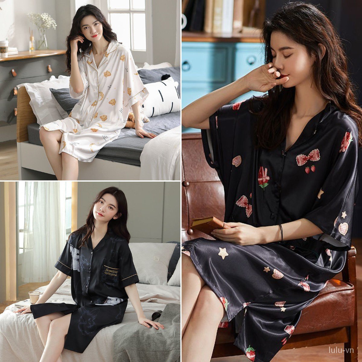 Đồ Ngủ Pajamas Chất Phi Bóng Phong Cách Sang Trọng Dành Cho Nữ